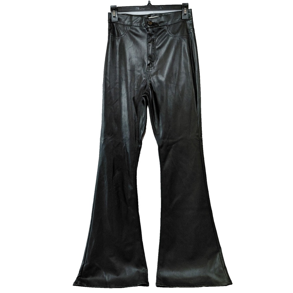 Vibrant Miu Faux Leather Flare Pants Women's 9/28 Bell Bottoms Black High Rise